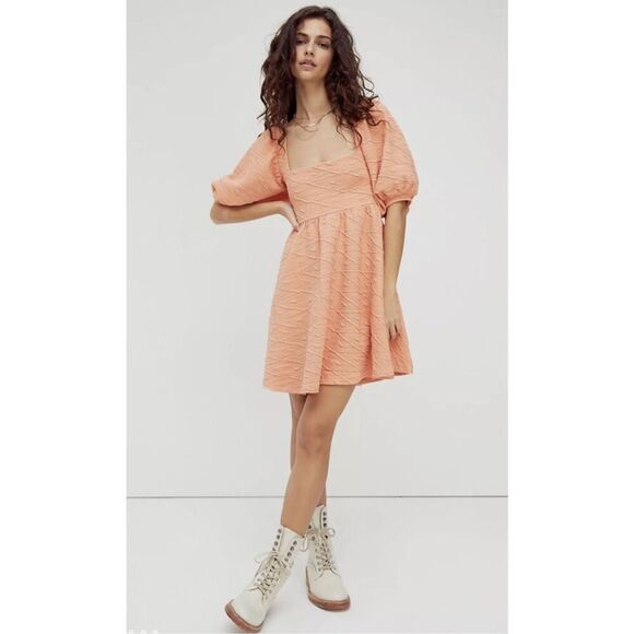 Free People Babydoll Puff Sleeves Violet Mini Dress In Grapefruit/Coral Size M - Picture 3 of 11